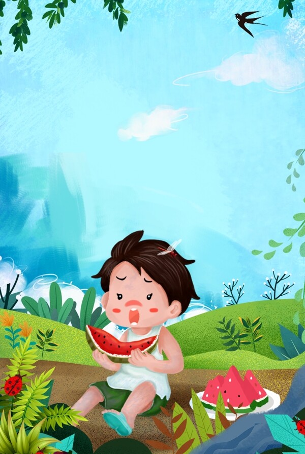 夏至卡通吃西瓜男孩插画二十四节气海报