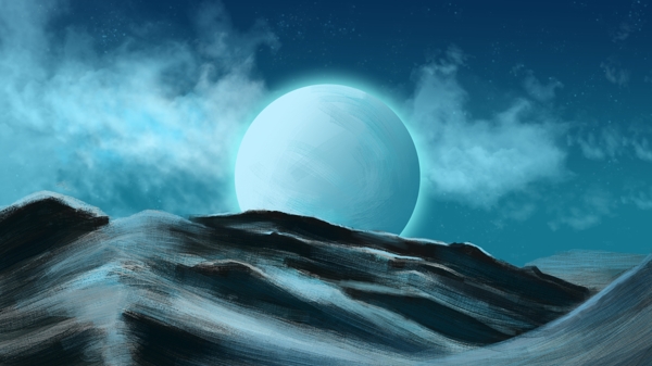 夜晚山顶上的白色月亮卡通背景