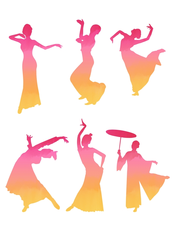 手绘水彩渐变叠加女性人物舞蹈动作剪影元素