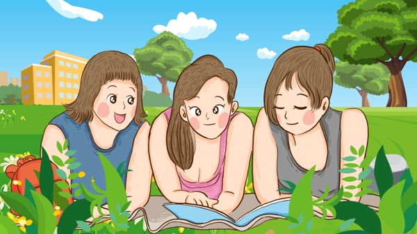 世界大学生节大学生三姐妹看书手绘原创插画