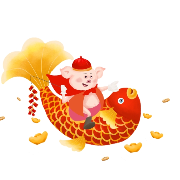 喜庆中国风骑着锦鲤拿着鞭炮过年的小猪