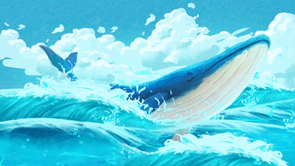 清新唯美梦幻鲸鱼治愈系海蓝时见鲸插画