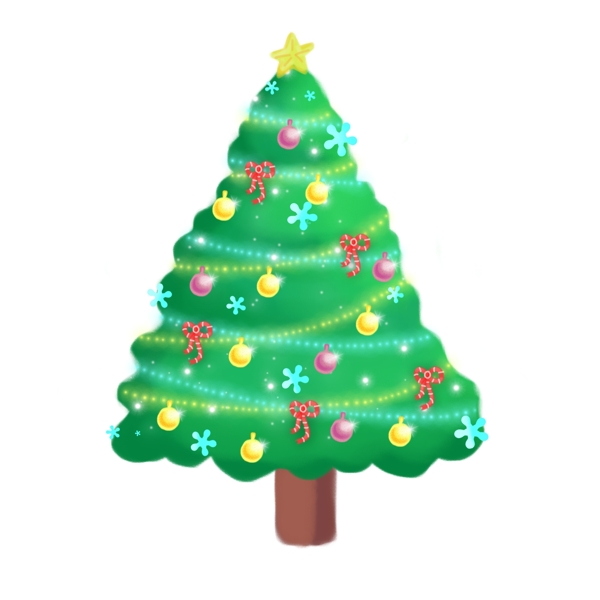 圣诞节手绘插画圣诞树彩球灯带