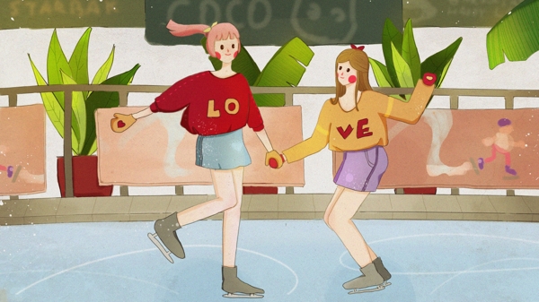 手绘清新插画日常姐妹闺蜜少女溜冰约会玩耍