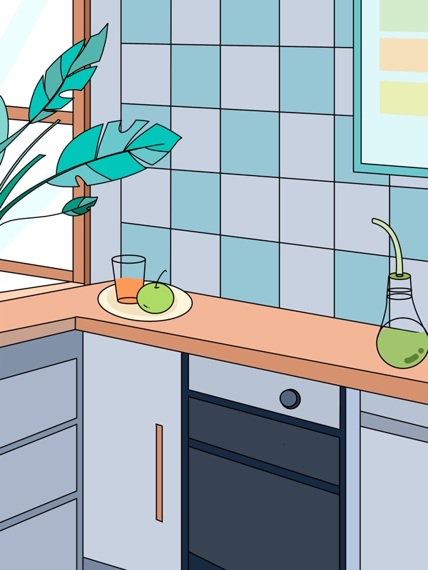 唯美彩色厨房生活插画背景