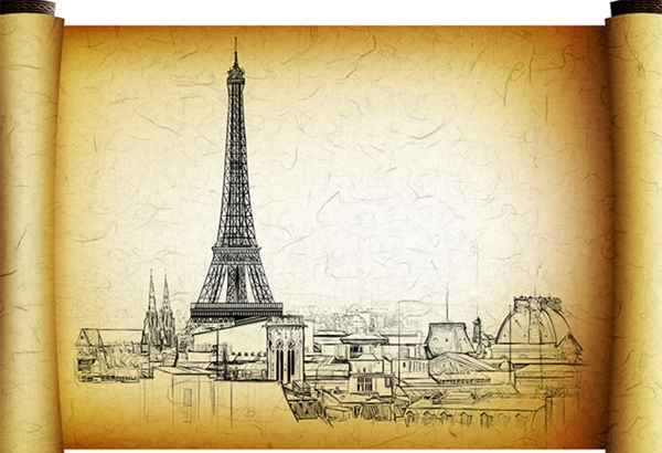 巴黎铁塔手绘复古卷轴背景墙