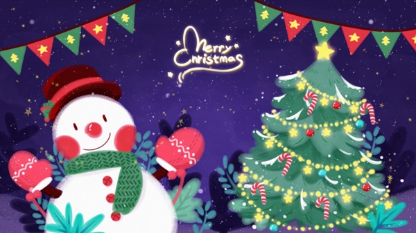 圣诞节主题插画雪人圣诞树