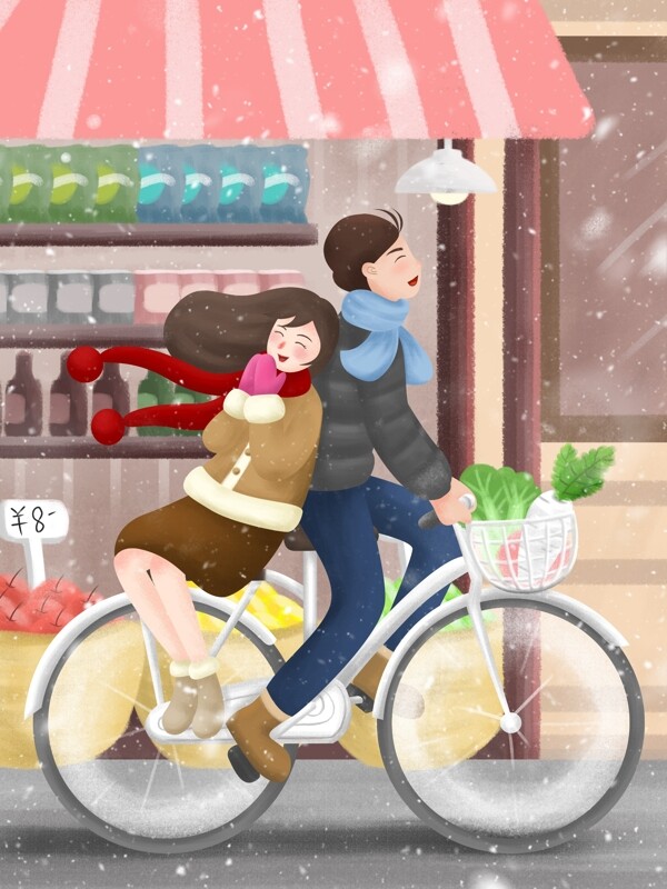 冬日情侣日常骑自行车买菜清新场景插画