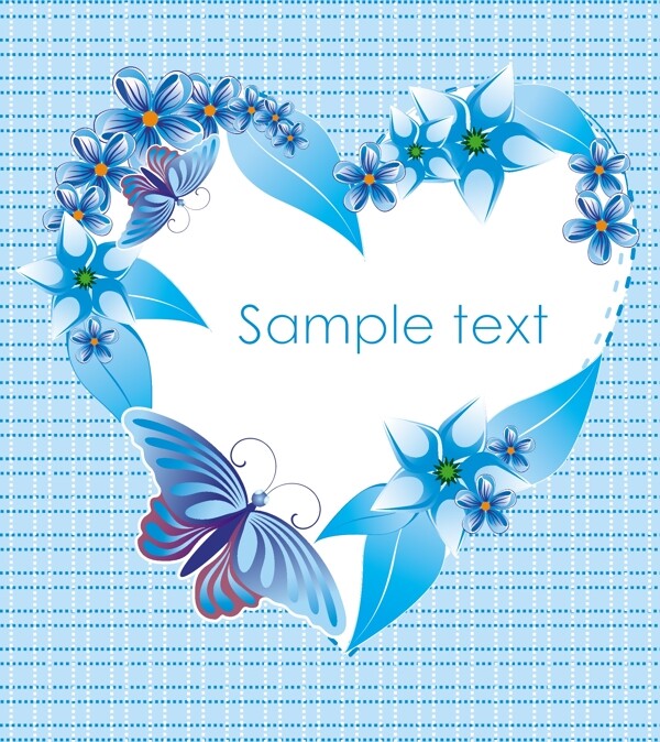 蓝色蝴蝶与花卉心形边框