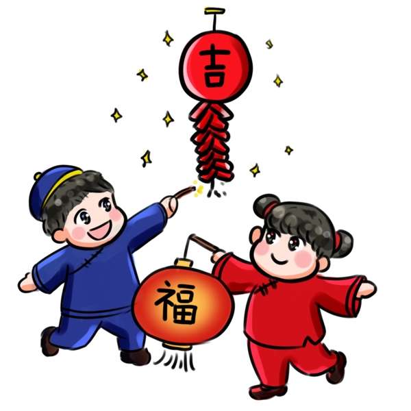 2019年新年快乐系列卡通手绘Q版庆祝鞭炮