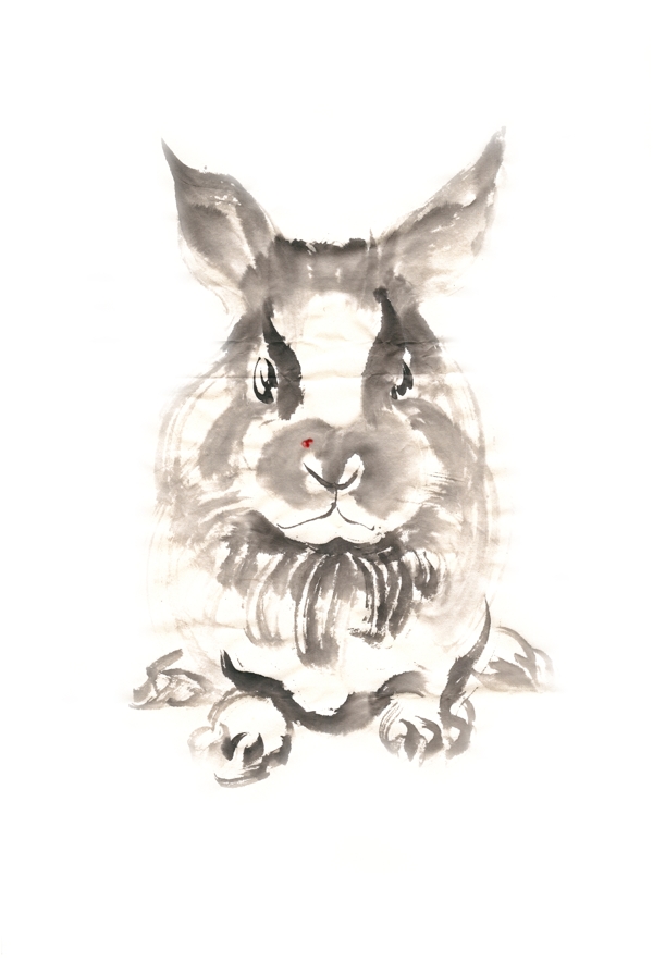 正面的小兔子水墨画PNG免抠素材