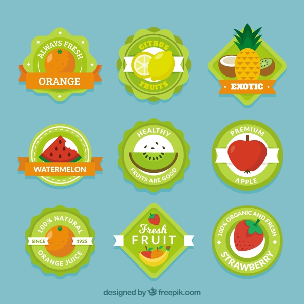 各种水果的绿色标签图标设计模板素材
