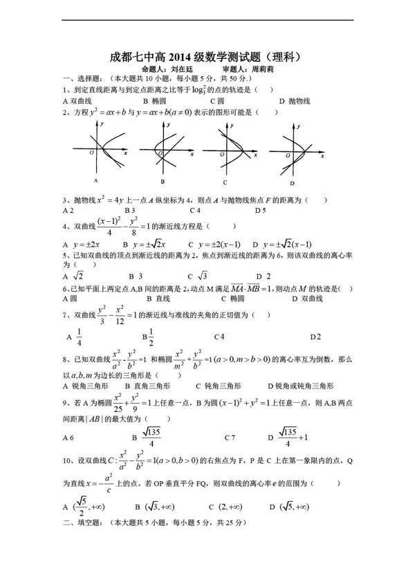 数学人教新课标A版14级下期圆锥曲线单元测试考题及答案