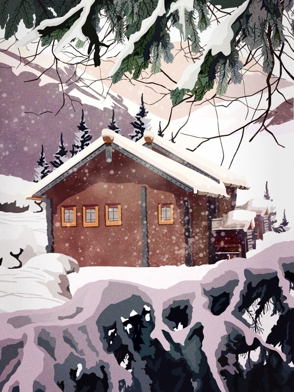 复古写实插画之英式小屋唯美雪景