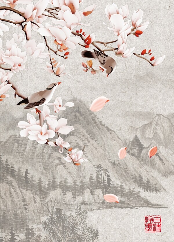 水墨桃花树上的鸟