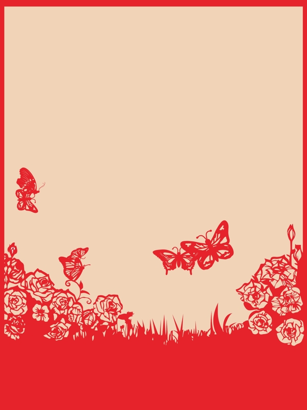 蝴蝶花草传统红色剪纸风背景