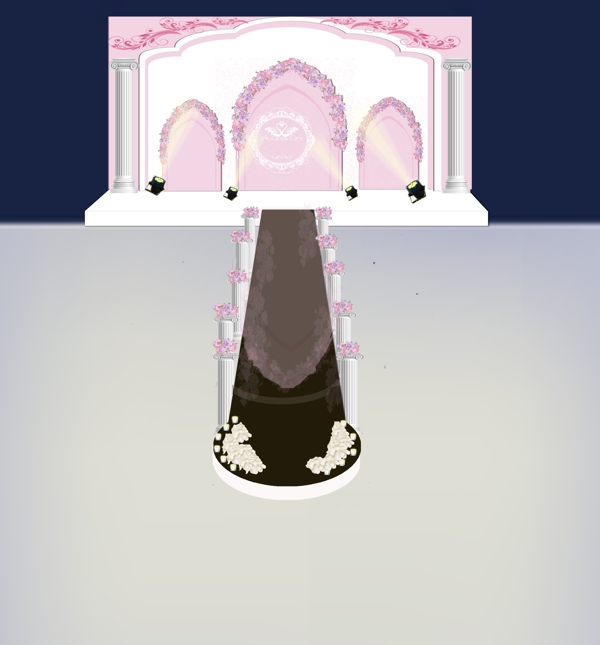 粉色舞台效果图罗马柱鲜花路引镜面地毯拱门