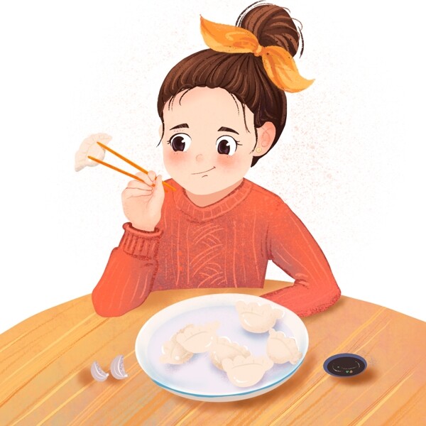 手绘吃饺子的小姑娘