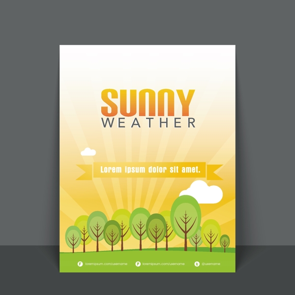 阳光天气的传单模板或横幅设计与绿色的树木在光线背景的说明