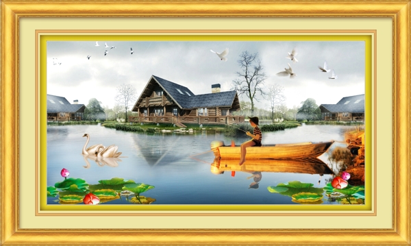 风景油画湖中垂钓图片