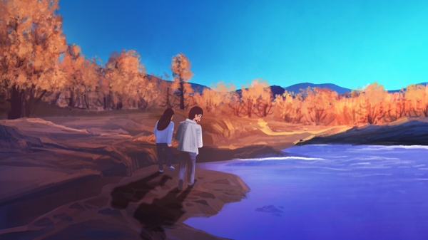 创意涂鸦风格秋天在河边漫步场景插画