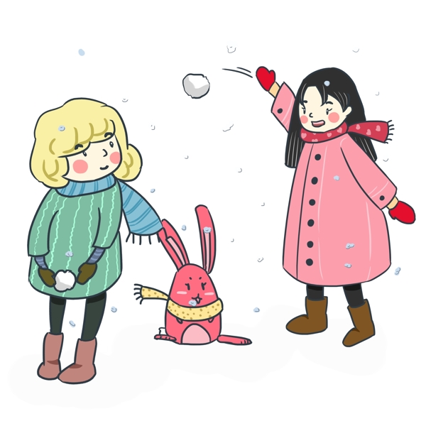 暖冬童话少女风卡通手绘雪地里玩耍