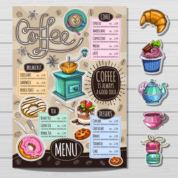 可爱插画咖啡店烘焙面包海报菜单矢量素材