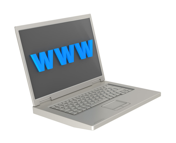 笔记本电脑和WWW的话在屏幕上孤立在白色的背景