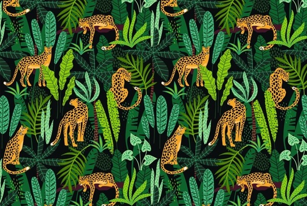 绿叶草丛中的花纹豹子装饰图图片