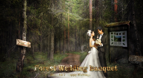 结婚婚纱男女森林创意合成海报