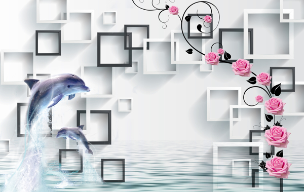 3D玫瑰海豚立体创意画背景墙