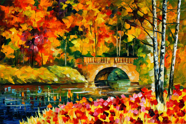 秋天水面上的小石桥油画图片