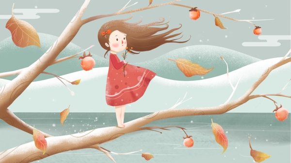 霜降插画站在树枝上的女孩