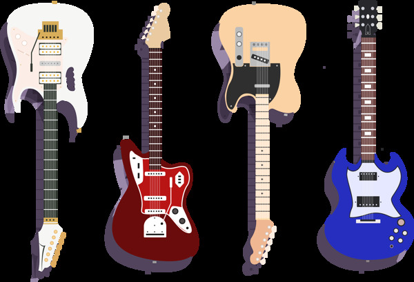 四个手绘彩色吉他插图免抠png透明素材