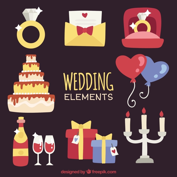 彩色婚礼用品平面设计图标