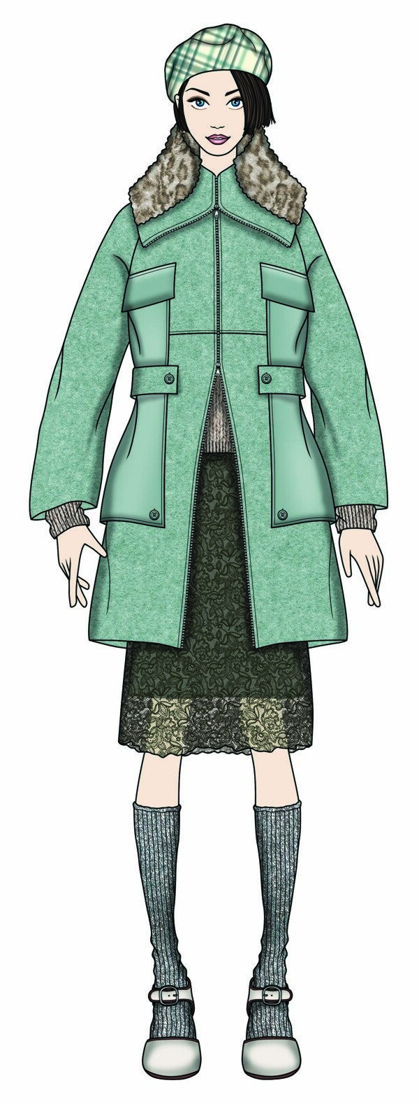 淑女风格淡绿色外套女装服装效果图