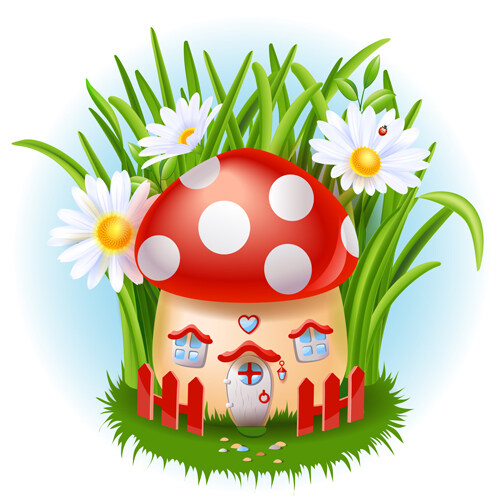 可爱的蘑菇房子和白色的花朵矢量