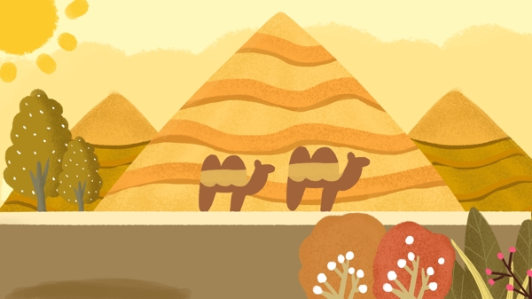 金字塔骆驼花叶太阳卡通背景