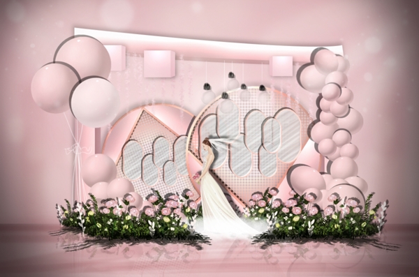 粉色网格多边形气球婚礼效果图