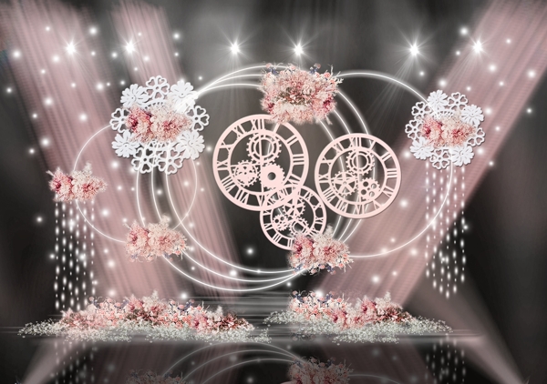粉色吊顶纱幔时光齿轮立体空间婚礼效果图