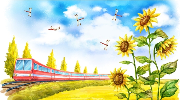 晴空夏日风景火车手绘插画图片