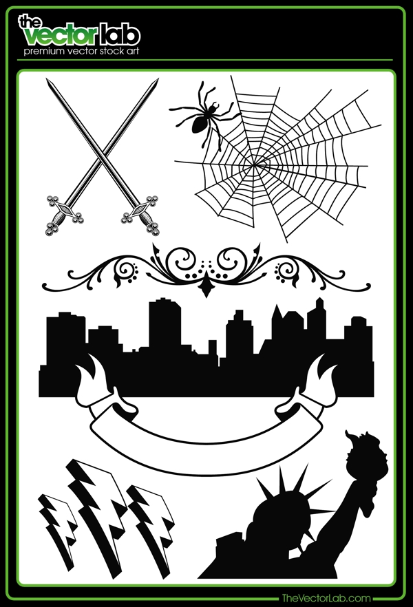 剑蜘蛛城市的轮廓闪电和自由女神像图案矢量素材