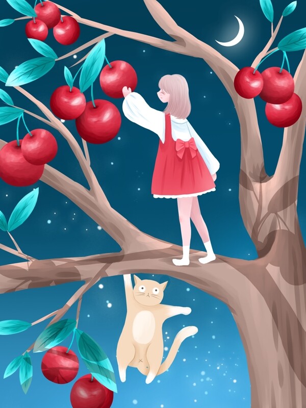 创意水果插画摘樱桃的女孩和小猫