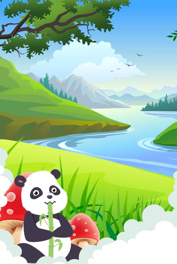 小清新河流熊猫背景