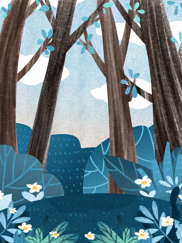 彩绘春季花丛树林背景设计