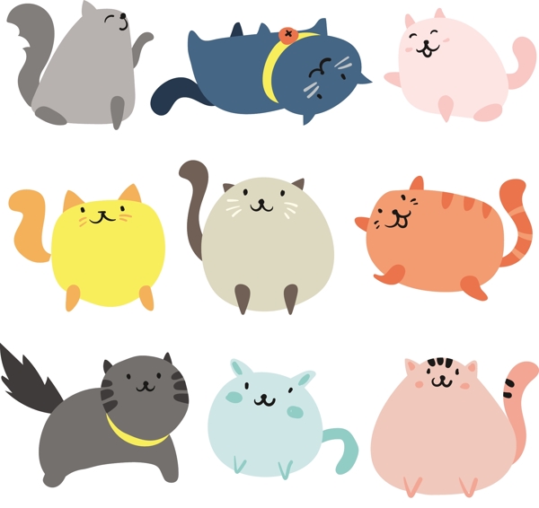 一组各种各样的彩色小肥猫卡通素材