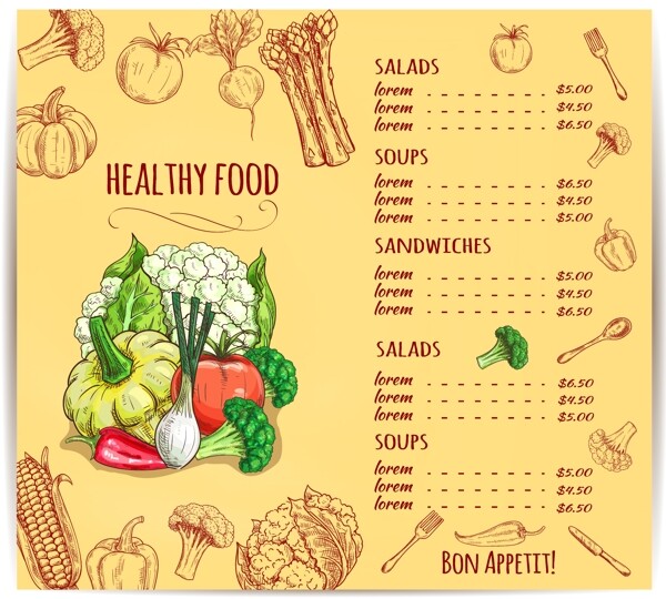 彩绘蔬菜餐馆菜单设计矢量图