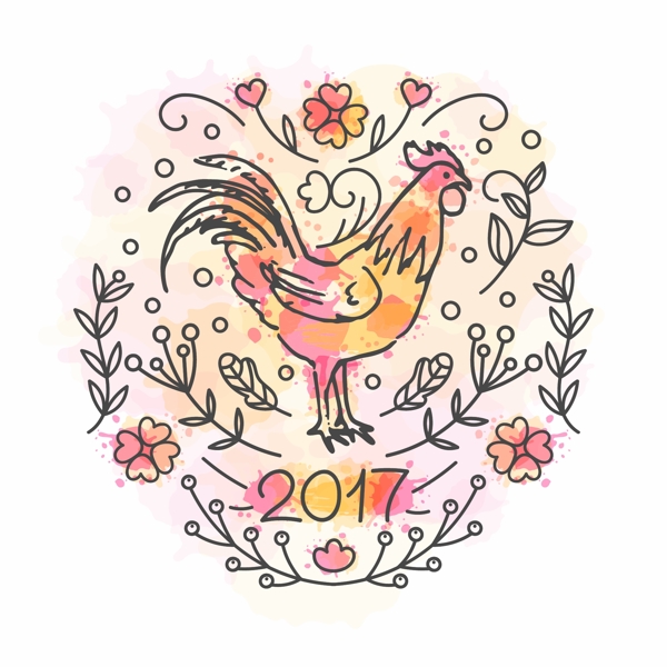 手绘花草装饰图案鸡年背景