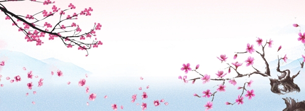春天中国风粉色蓝色电商海报背景