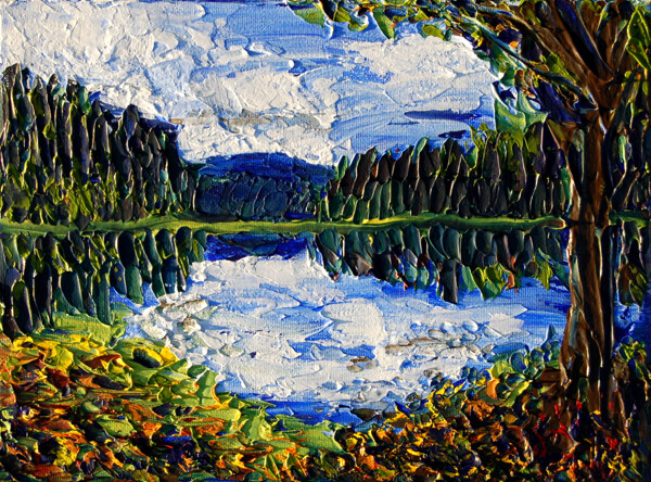 树木湖泊油画图片